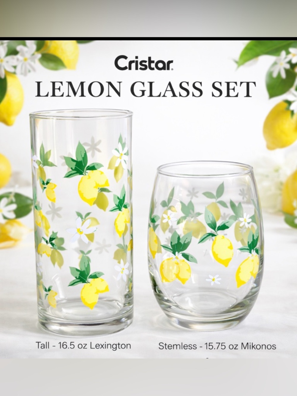 Cristar Watercolor Lemons Glass Set 2PC Stemless + Tall Citrus Floral Glasses